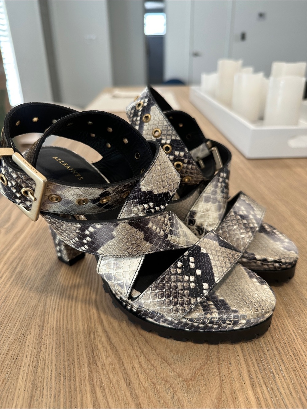 All Saints Snakeskin-Print Platform Sandals in Black & Cream-never worn!